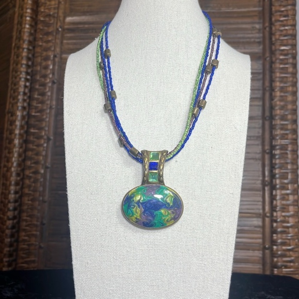 Chico's Bohemian Multistrand Seed Beaded Necklace and Glossy Painted Pendant.